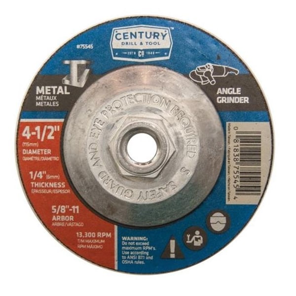 Century Drill & Tool Century Drill & Tool 75545 Metal Grinding Wheel Type 27 - 4.5 x 0.25 in. - 75545