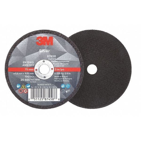 3M Abrasive Cut-Off Wheel, Type 1, 3 in Dia, 0.035 in Thick, 3/8 in Arbor Hole Size, Ceramic, 60 Grit - 87458