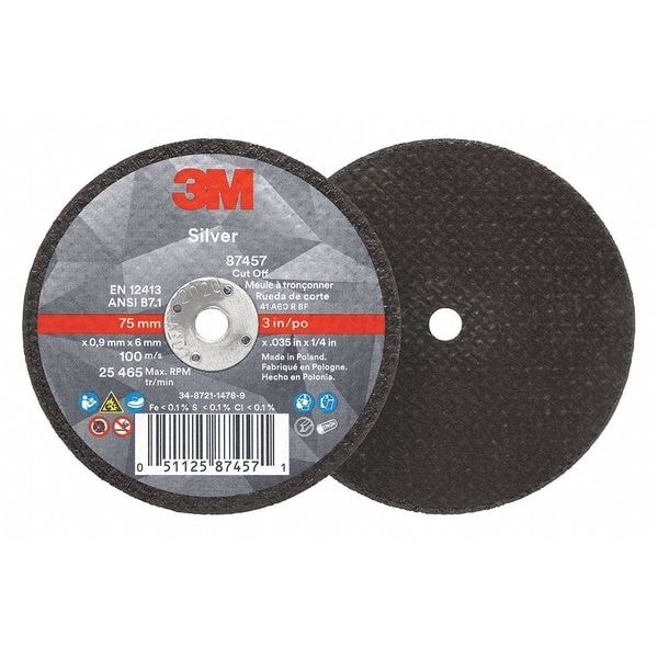 3M Abrasive Cut-Off Wheel, Type 1, 3 in Dia, 0.035 in Thick, 1/4 in Arbor Hole Size, Ceramic, 60 Grit - 87457