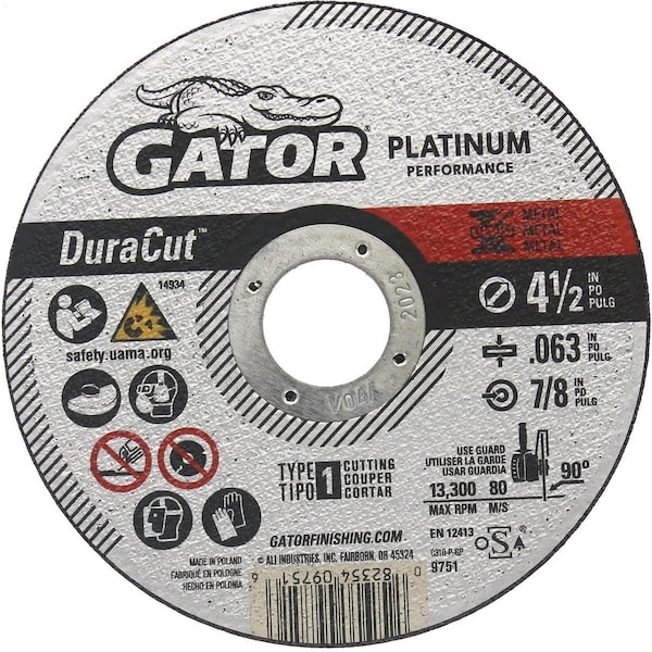 Gator Finishing Blade DuraCut Type 1 4-1/2 In. x 0.063 In. x 7/8 In. Metal/Stainless Cut-Off Wheel - 9751