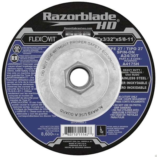 Flexovit Razorblade 27 Razorblade 27 Heavy Duty Cut-Off Wheel, 7 in Dia x 3/32 in THK, A24/30T Grit, Aluminum - A4175H