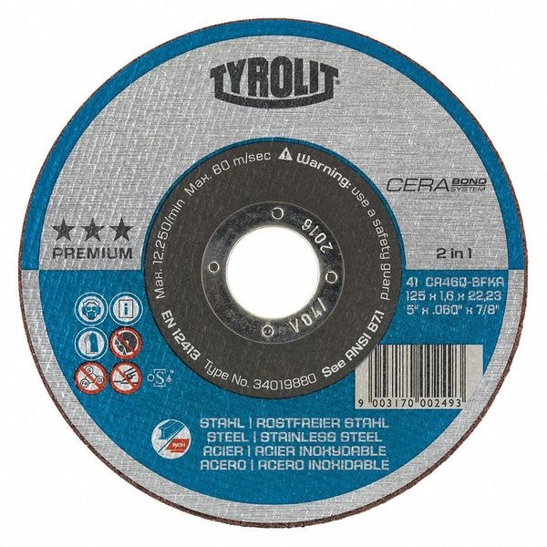 Radiac Abrasives Cut-Off Wheel, T27, 5" x 7/8", 60 Grit, PK15, Type 27, 5 in Dia, 0.045 in Thick, 7/8 in Arbor Hole Size - 34332916