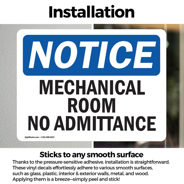 Signmission Mechanical Room No Admittance OSHA Notice Sign, Vinyl Decal, 10in W x 7in L, 2PK - OS-2PACK-NS-D-710-L-14174