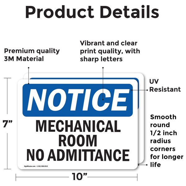 Signmission Mechanical Room No Admittance OSHA Notice Sign, Vinyl Decal, 10in W x 7in L, 2PK - OS-2PACK-NS-D-710-L-14174