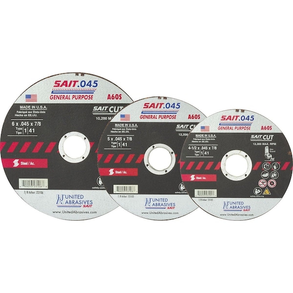 United Abrasives/Sait United Abrasives - Sait Cut Off Wheel Type 1 A60S 4" x .045" x 5/8" 60 Grit Aluminum Oxide - 23099