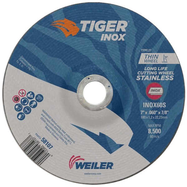 Weiler 7" x .060" TIGER INOX Type 27 Cutting Wheel, INOX60S, 7/8" A.H. - 58107