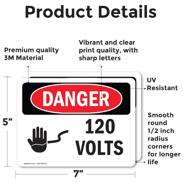 Signmission 120 Volts Danger Sign, Vinyl Decal, 7in W x 5in L, 2PK - OS-2PACK-DS-D-57-L-1003