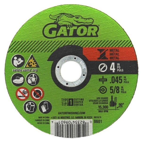 Gator Cut-Off Wheel, 4 in Dia, 0.045 in Thick, 5/8 in Arbor, A60T Grit - 9601