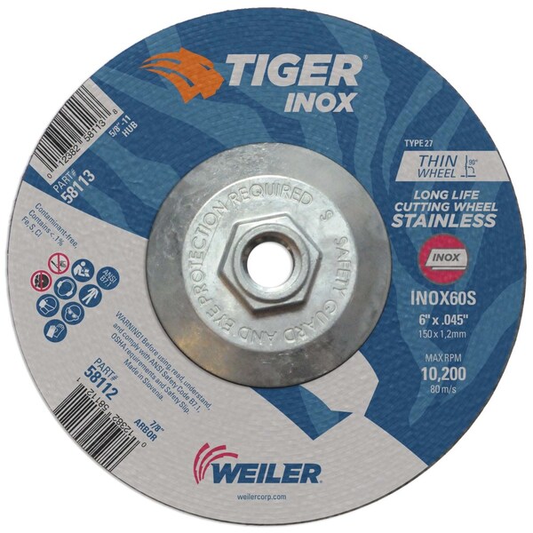 Weiler 6 x .045 TIGER INOX Type 27 Cutting Wheel, INOX60S, 5/8-11 Nut - 58113