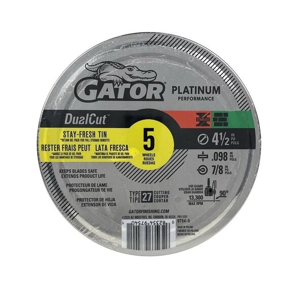 Gator Cut-Off Wheel, 4-1/2 in Dia, 0.098 in Thick, 7/8 in Arbor, Aluminum Oxide Abrasive - 97545