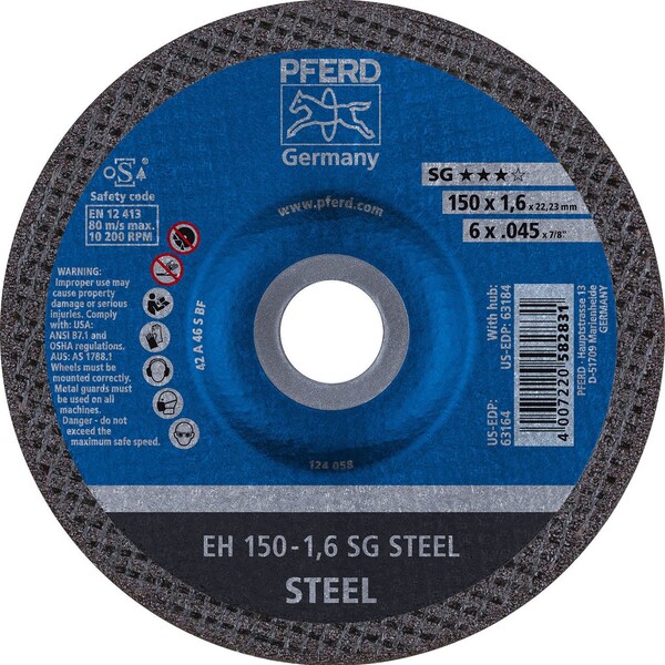 Pferd 63164 6in x .045in Cut-Off Wheel, 7/8in AH A 46 S SG - Type 27 - 63164-PFERD