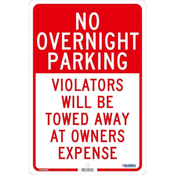 Global Industrial No Overnight Parking Violators Will Be Towed, 18x12, .063 Aluminum - 724230AB