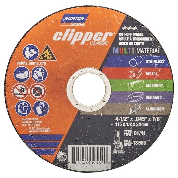 Norton Clipper Clipper Classic AC AOSC Series Cutoff Wheel, 412 in Dia, 0045 in Thick, 78 in Arbor - 70184609135