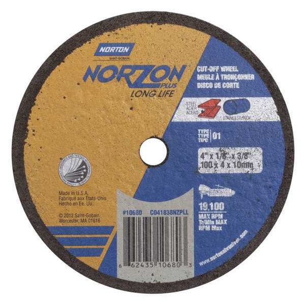 Norton Abrasives Abrasive Cut-Off Wheel, Type 1, 4 in Dia, 0.125 in Thick, 3/8 in Arbor Hole Size, Ceramic, 36 Grit - 66243510680