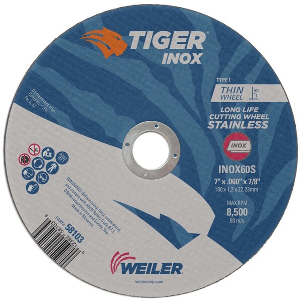 Weiler 7" x .060" TIGER INOX Type 1 Cut-Off Wheel, INOX60S, 7/8" A.H. - 58103