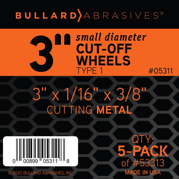 Bullard Abrasives Small Diameter Cut-Off Wheels, 3 x 1/16 x 3/8, T1, PK5 - 5311