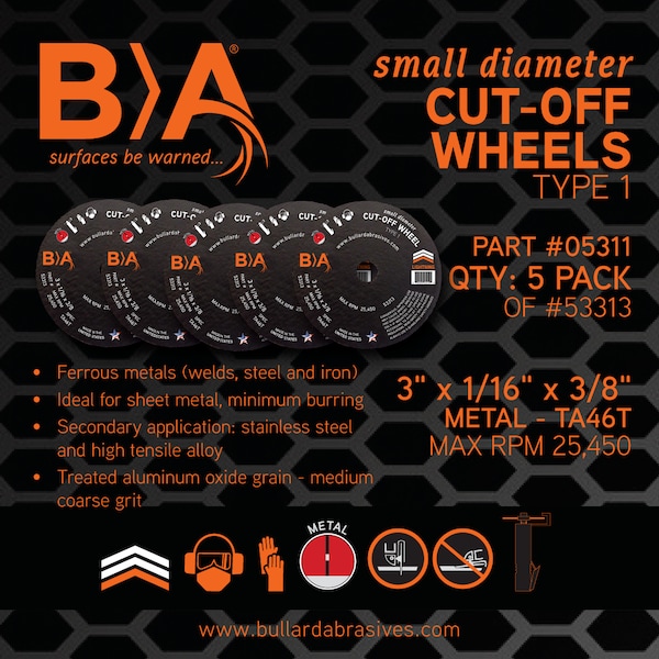 Bullard Abrasives Small Diameter Cut-Off Wheels, 3 x 1/16 x 3/8, T1, PK5 - 5311