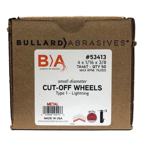 Bullard Abrasives Small Diameter Cut-Off Wheel, 4 x 1/16 x 3/8 T1, PK50 - 53413
