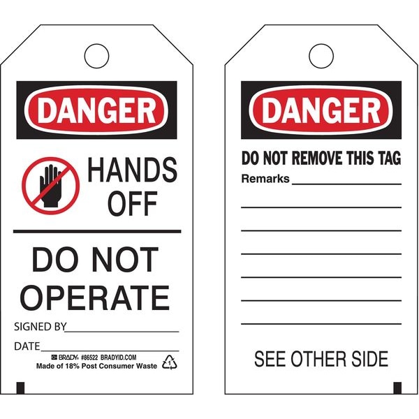 Brady Danger, Hands Off Do Not Operate, 3 in W x 5 3/4 in H, Polyester, 86522 - 86522