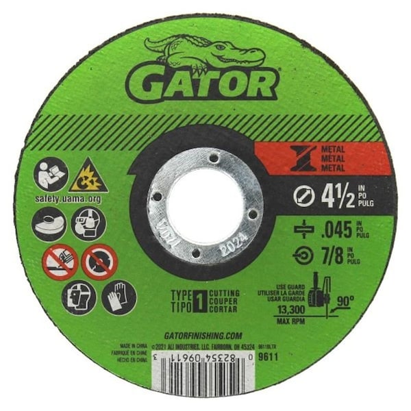 Gator Cut-Off Wheel, 4-1/2 in Dia, 0.045 in Thick, 7/8 in Arbor, Aluminum Oxide Abrasive - 9611