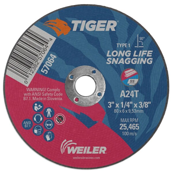 Weiler 3" x 1/4" TIGER AO Type 1 Snagging Wheel, A24T, 3/8" A.H. - 57064