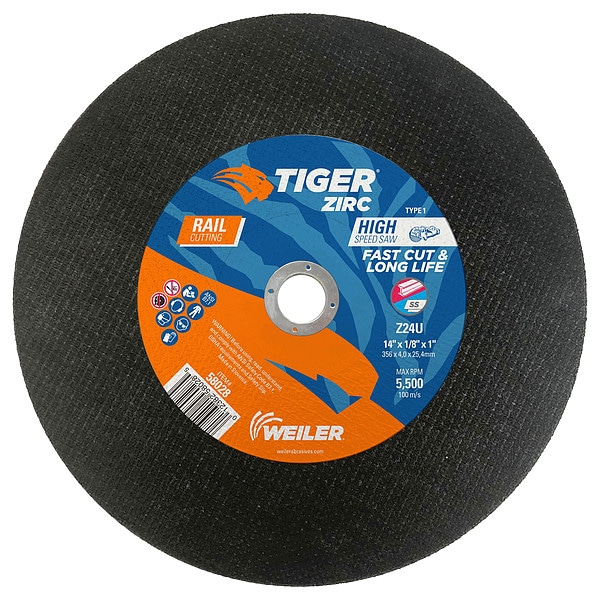 Weiler Abrasive Cut-Off Wheel, Type 1, 14 in Dia, 0.125 in Thick, 1 in Arbor Hole Size, Zirconia Alumina - 58028