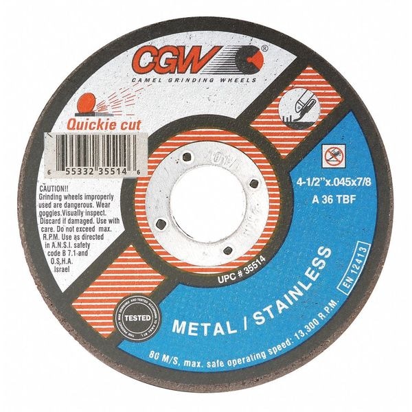 Cgw Abrasives Abrasive Cut-Off Wheel, Type 1, 5 in Dia, 0.045 in Thick, 7/8 in Arbor Hole Size, 36 Grit - 35516