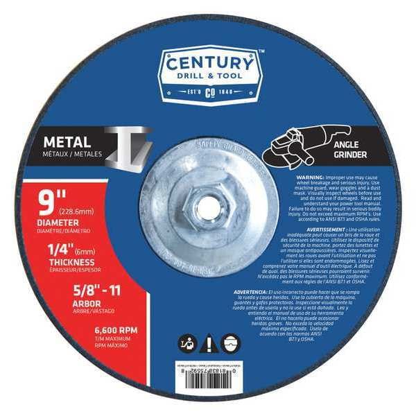Century Drill & Tool Metal Grinding Wheel, 9x1/4 in., Type 27, Type 27, 9 in Dia, 1/4 in Thick, 5/8 in-11 Arbor Hole Size - 75592