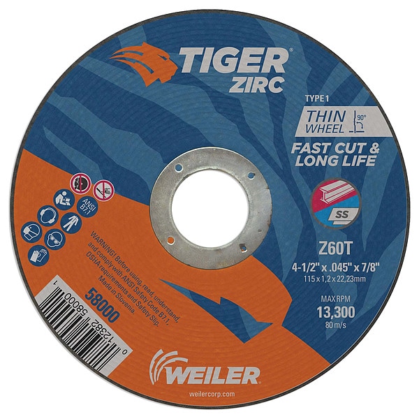 Weiler 4-1/2"x.045" TIGER ZIRC Type 1 Cut-Off Wheel Z60T 7/8" A.H. - 58000