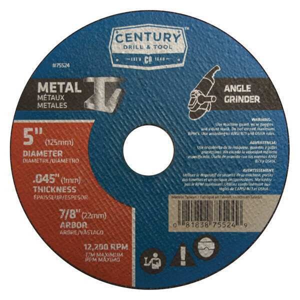 Century Drill & Tool Metal Cutting Wheel, 5x.045 in., Type 1A, TYPE 1A, 5 in Dia, 0.045 in Thick, 7/8 in Arbor Hole Size - 75524