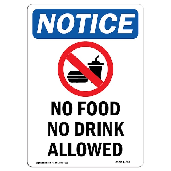 Signmission Safety Sign, OSHA Notice, 14" Height, No Food No Drink Allowed Sign With Symbol, Portrait - OS-NS-D-1014-V-14565