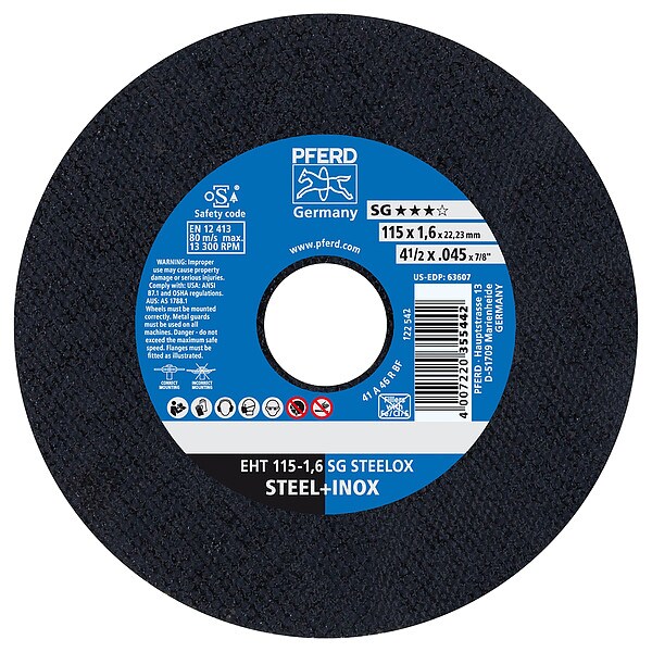 Pferd Abrasive Cut-Off Wheel, Type 1, 4-1/2 in Dia, 0.045 in Thick, 7/8 in Arbor Hole Size, 46 Grit - 63607