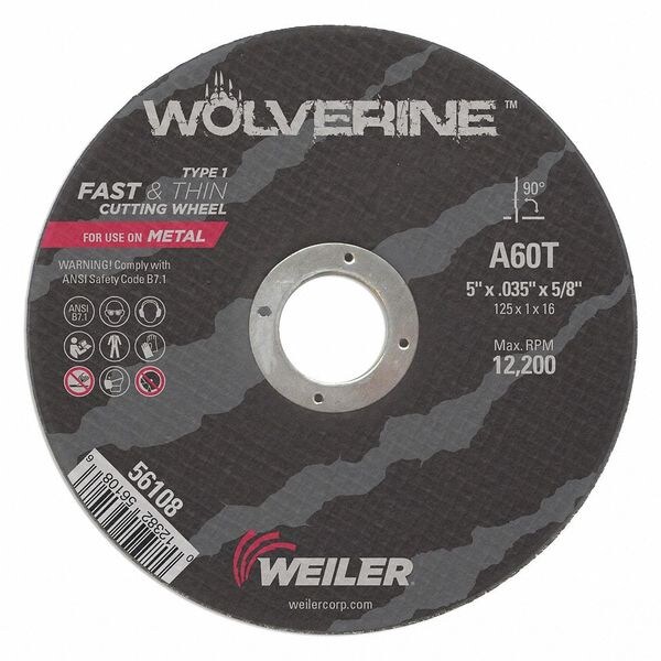 Weiler Abrasive Cut-Off Wheel, Type 1, 5 in Dia, 0.035 in Thick, 5/8 in Arbor Hole Size, Aluminum Oxide - 56108