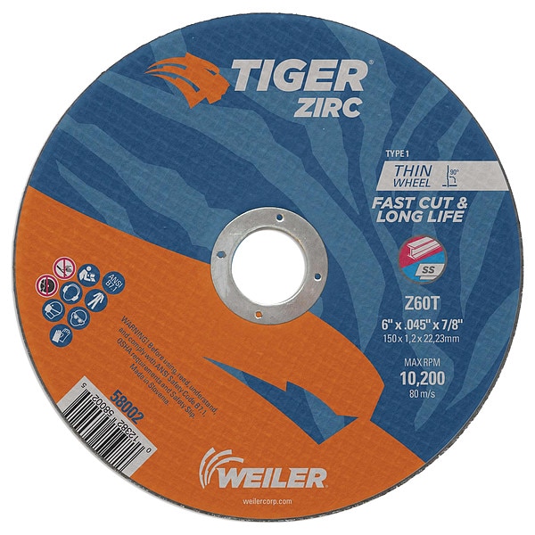 Weiler 6"x.045" TIGER ZIRC Type 1 Cut-Off Wheel Z60T 7/8" A.H. - 58002
