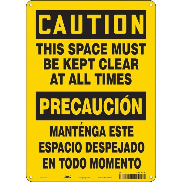 Condor THIS SPACE MUST BE KEPT CLEAR AT ALL TIMES, Spanish-Bilingual, 14 in H x 10 in W, Aluminum, 477K36 - 477K36