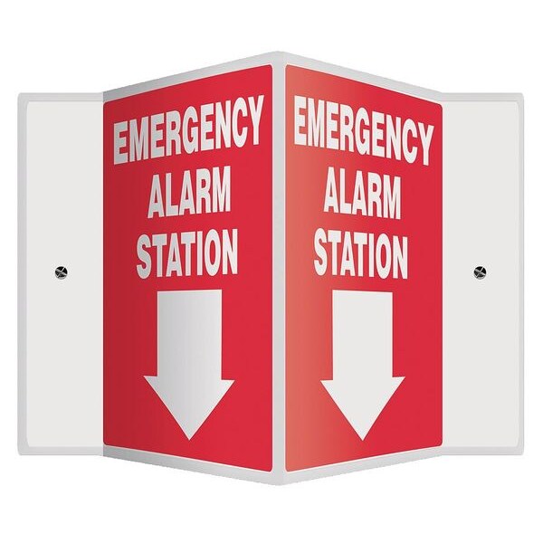 Accuform Emergency Alarm Sign, 12 in Height, 14 in Width, Plastic, V-Shaped, English - PSP326