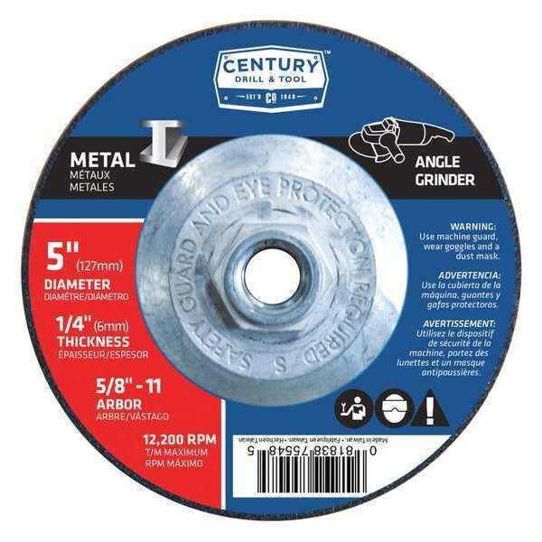 Century Drill & Tool Metal Grinding Wheel, 5x1/4 in., Type 27, Type 27, 5 in Dia, 1/4 in Thick, 5/8 in-11 Arbor Hole Size - 75548