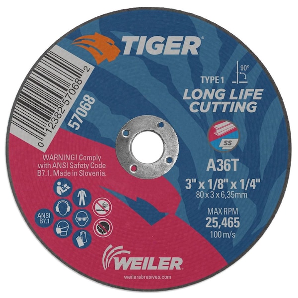 Weiler 3" x 1/8" TIGER AO Type 1 Cutting Wheel, A36S, 1/4" A.H. - 57068