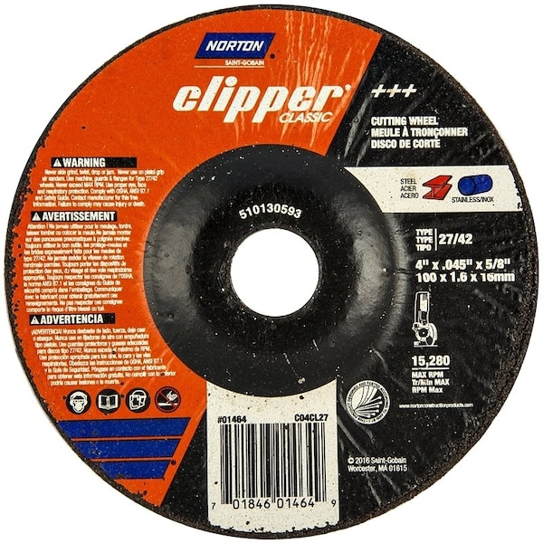 Norton Clipper Clipper Classic A AO Series Cutoff Wheel, 4 in Dia, 0045 in Thick, 58 in Arbor - 70184601464