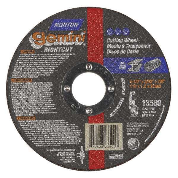 Norton Abrasives Abrasive Cut-Off Wheel, Type 1, 4 1/2 in Dia, 0.0938 in Thick, 7/8 in Arbor Hole Size, 46 Grit - 66252823599