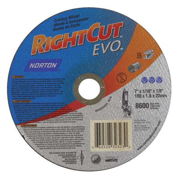 Norton Abrasives Abrasive Cut-Off Wheel, Type 1, 7 in Dia, 0.045 in Thick, 7/8 in Arbor Hole Size, Aluminum Oxide - 66252832323