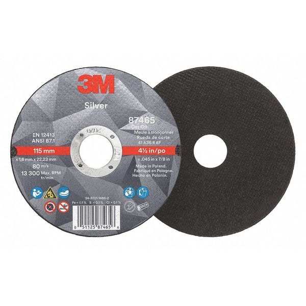 3M Abrasive Cut-Off Wheel, Type 1, 4 1/2 in Dia, 0.045 in Thick, 7/8 in Arbor Hole Size, Ceramic - 87465