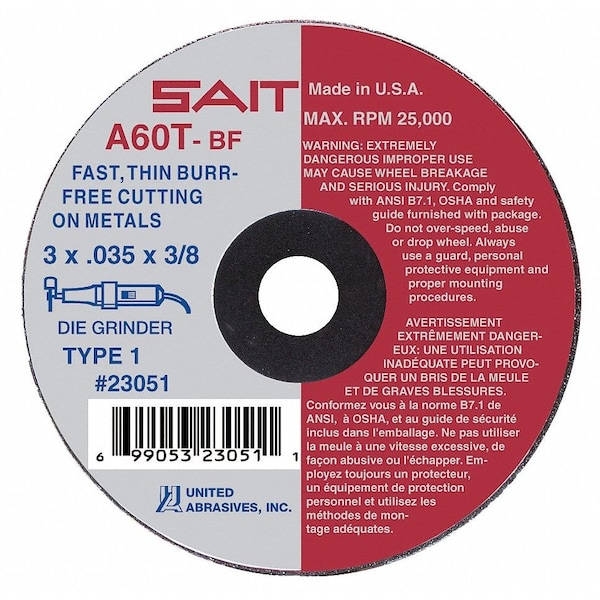 United Abrasives/Sait Abrasive Cut-Off Wheel, Type 1, 3 in Dia, 0.035 in Thick, 3/8 in Arbor Hole Size, Aluminum Oxide - 23051