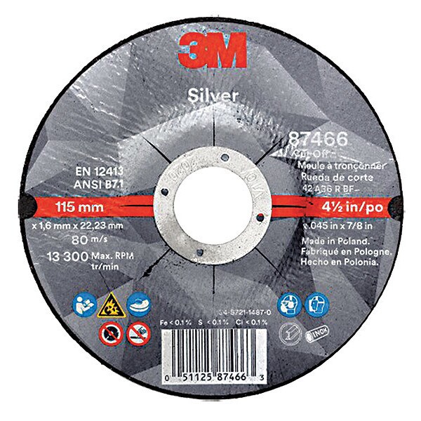 3M Depressed Center Cut-Off Wheel, Type 27, 4 1/2 in Dia, 0.045 in Thick, 7/8 in Arbor Hole Size - 87466