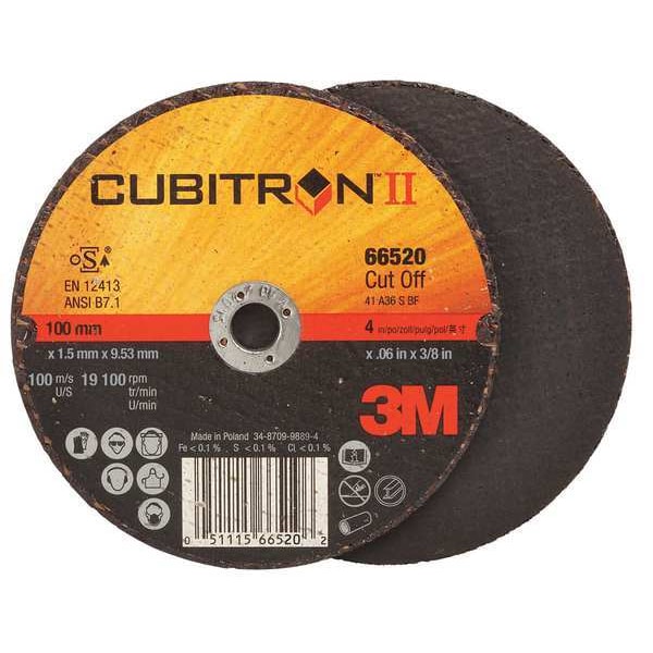3M Cubitron Abrasive Cut-Off Wheel, Type 1, 4 in Dia, 0.06 in Thick, 3/8 in Arbor Hole Size, Ceramic, 36 Grit - 66520