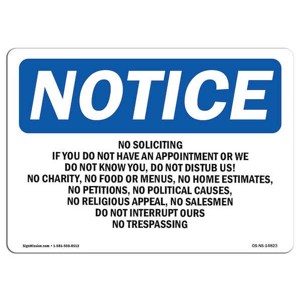 Signmission OSHA Notice Sign, 5" H, 7" W, No Soliciting If You Do Not Have An Appointment Sign, Landscape - OS-NS-D-57-L-14823