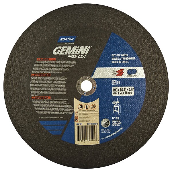 Norton Abrasives Abrasive Cut-Off Wheel, Type 1, 10 in Dia, 0.0938 in Thick, 5/8 in Arbor Hole Size, Aluminum Oxide - 66253106101