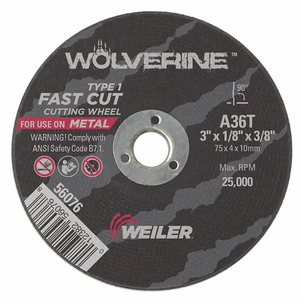 Weiler Abrasive Cut-Off Wheel, Type 1, 3 in Dia, 0.125 in Thick, 3/8 in Arbor Hole Size, Aluminum Oxide - 56076