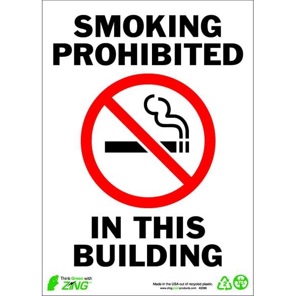 Zing No Smoking Sign, 14 in H, 10" W, Rectangle, English, 2086A - 2086A