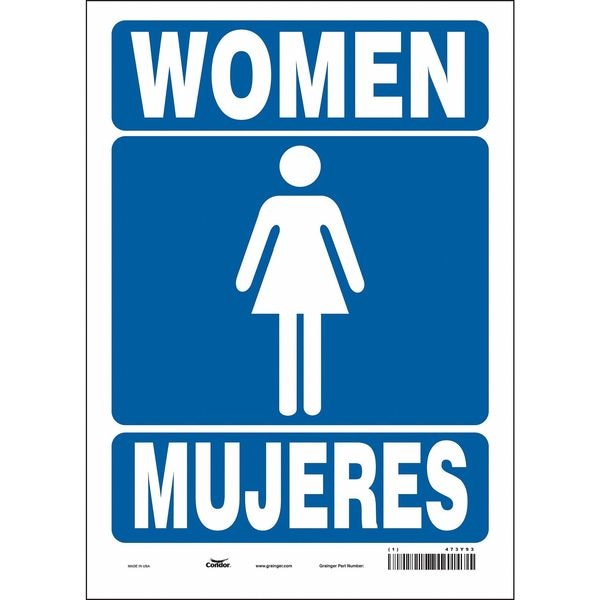 Condor Restroom Sign, WOMEN/MUJERES, 10 in W x 14 in H, Vertical Rectangle, Vinyl, 473Y93 - 473Y93